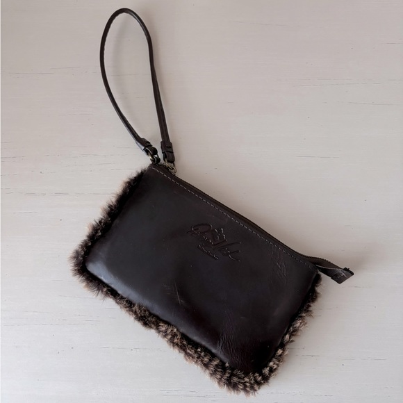 Patricia Nash brown leather wristlet with fur trim